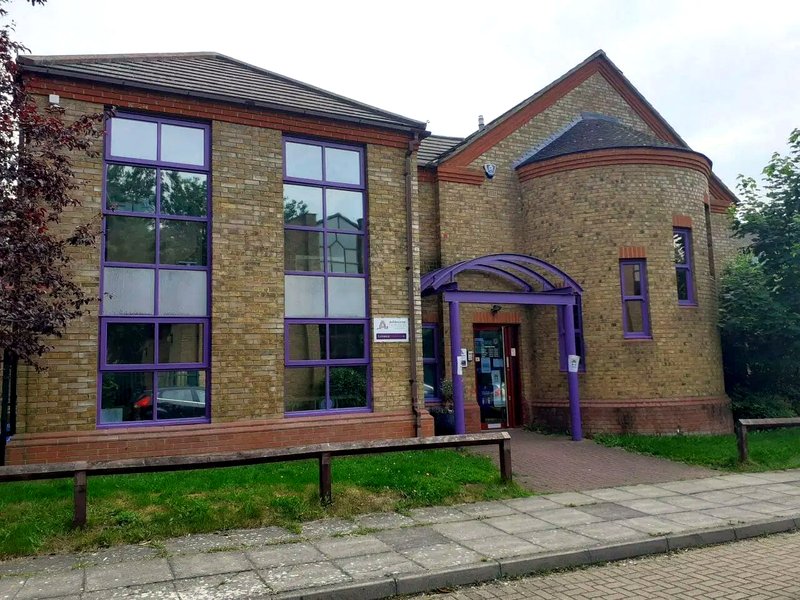 Nursery building with purple entrance